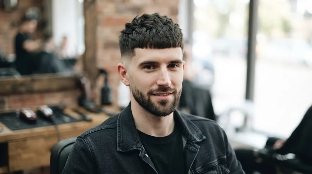 A man with a long face shape modeling a stylish textured crop haircut with a precise low skin fade in a barbershop.