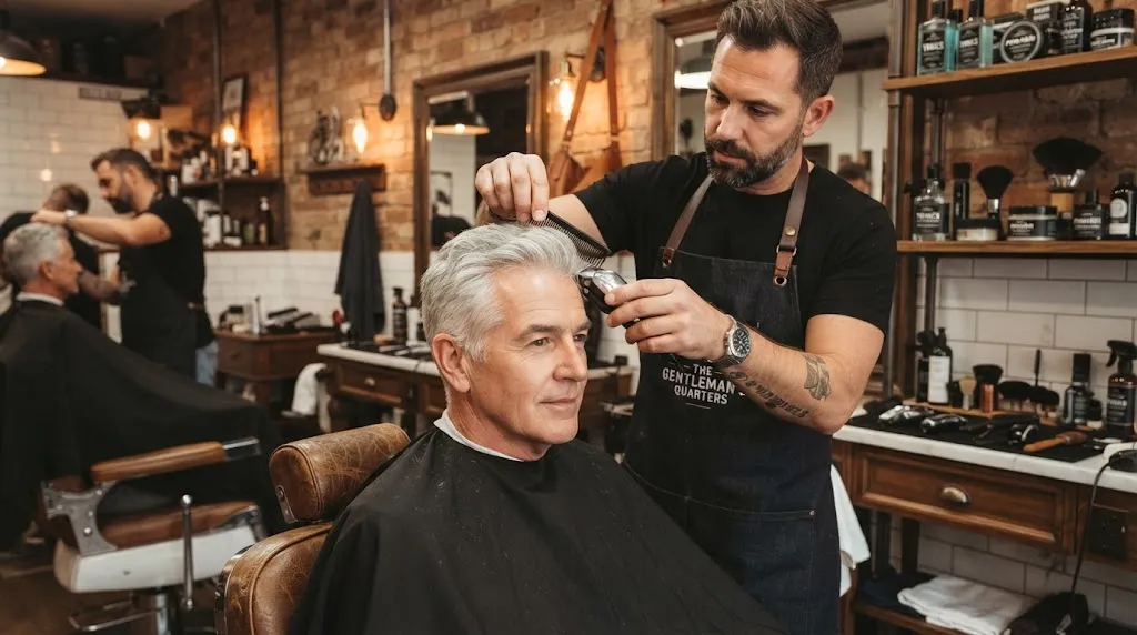 An older man receiving a clean and modern taper haircut from a professional barber in a bright upscale barbershop