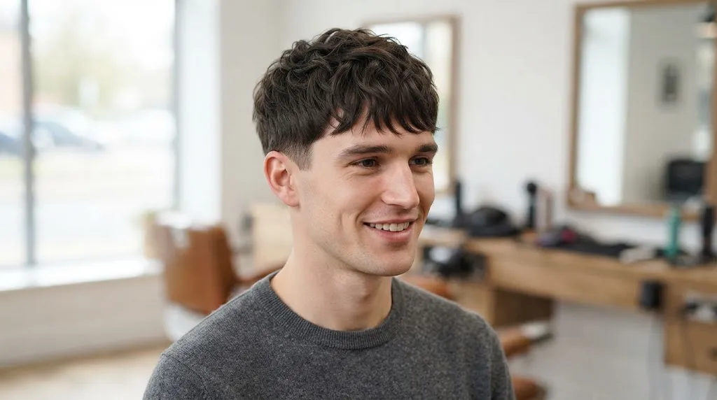 A stylish young man with a long face shape in a barbershop, featuring a modern tapered fringe haircut with textured hair on top and neatly faded sides.