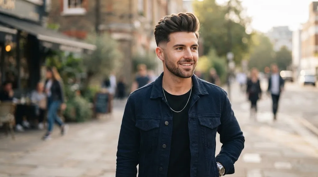 A stylish man with a modern textured quiff haircut outdoors in natural sunlight showcasing professional men's hair setting techniques