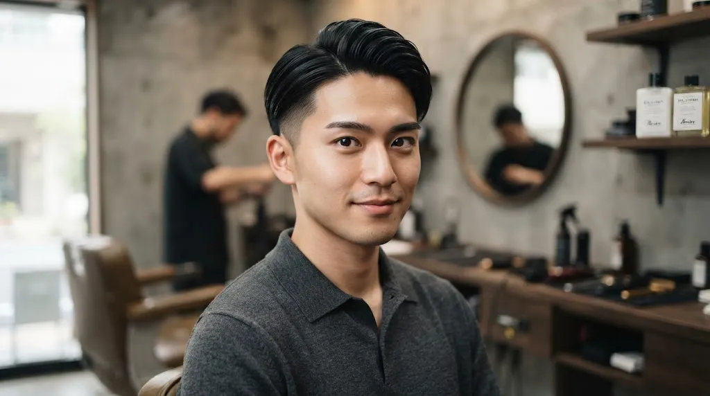 A stylish Asian man with sleek, straight silky hair styled in a modern two-block haircut with clean faded sides.