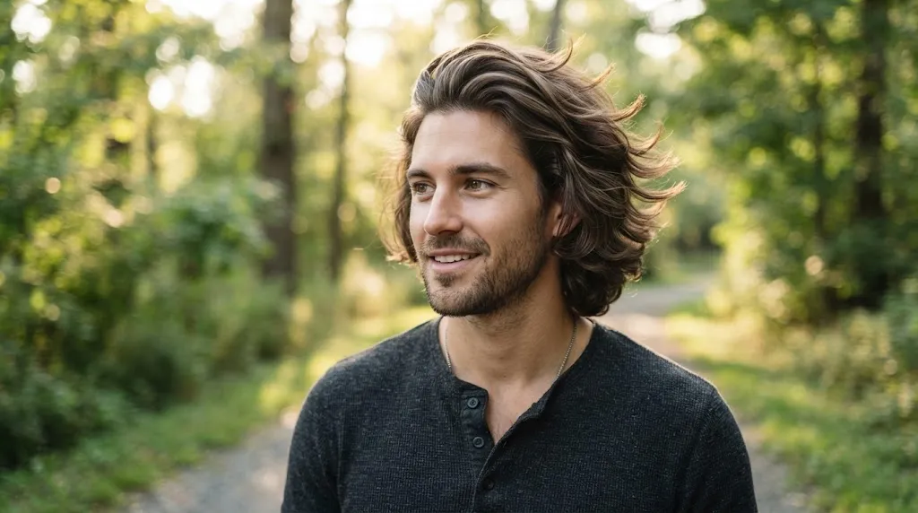 A stylish man with a medium-length layered flow hairstyle showing natural movement and texture