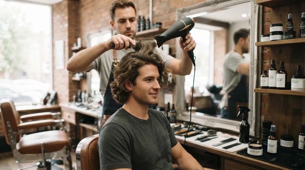 A barber styling a man's healthy medium-length wavy hair with a round brush and hair dryer in a modern barbershop.