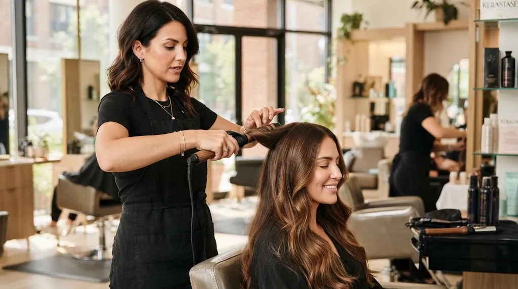Professional hairstylist curling and setting long hair with a curling iron for long-lasting volume and waves
