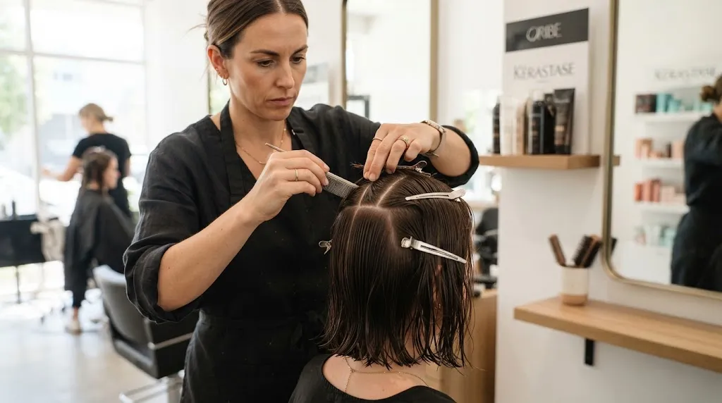 Professional hair stylist carefully sectioning clean, damp hair into quadrants using duckbill clips and a tail comb
