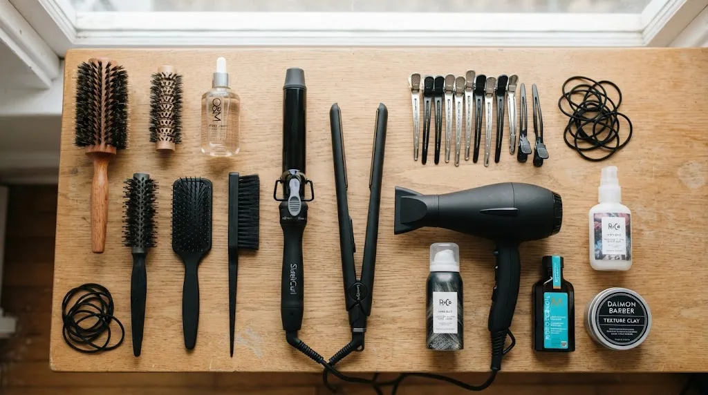 Flat lay of professional hair styling tools including curling irons, flat irons, sectioning clips, and hair products on a clean wooden table.