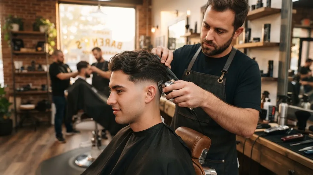 Professional barber styling a clean low taper fade haircut on a man with smooth silky hair in a modern barbershop