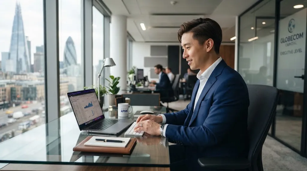 A professional man with a clean medium-length haircut and executive side sweep working in a modern office environment.