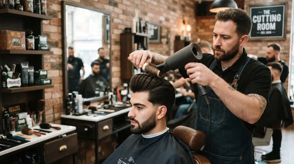 A professional barber blow-drying and styling a man's hair into a classic pompadour haircut in a modern salon.