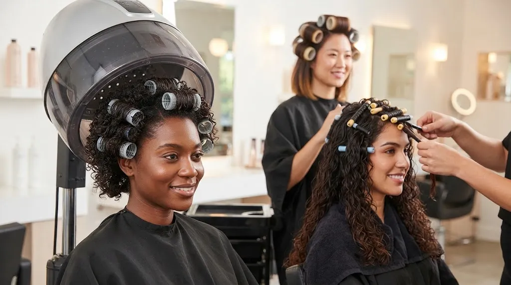 Three women in a salon receiving a wet set service, including a woman under a hooded dryer, one with flexi-rods, and one with foam rollers, demonstrating techniques for defined curls and volume.