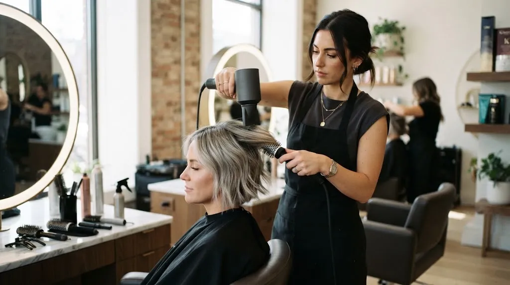A professional hairstylist using a precision blow dryer and nozzle concentrator to style short hair in a bright salon