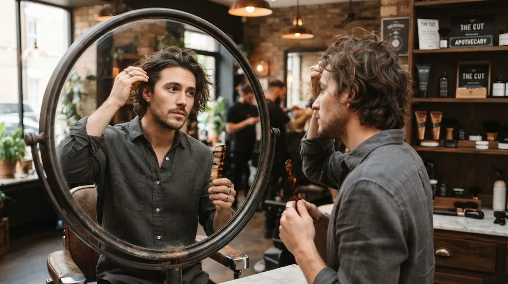 A stylish man at a modern barbershop managing common styling challenges and awkward stages of medium length hair for men.