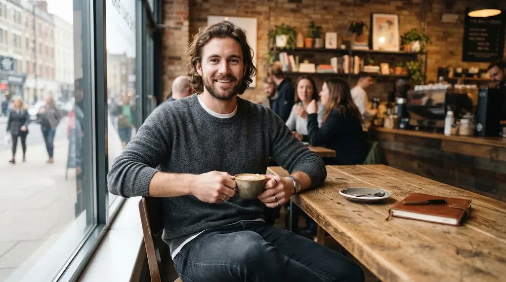 A young man with a casual, textured medium-length haircut sitting comfortably in a modern cafe setting