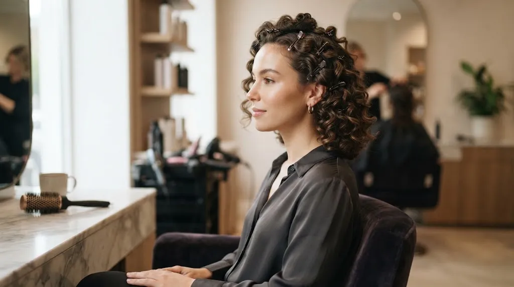 A person waiting patiently with styled hair cooling down to lock hydrogen bonds and prevent curl collapse.