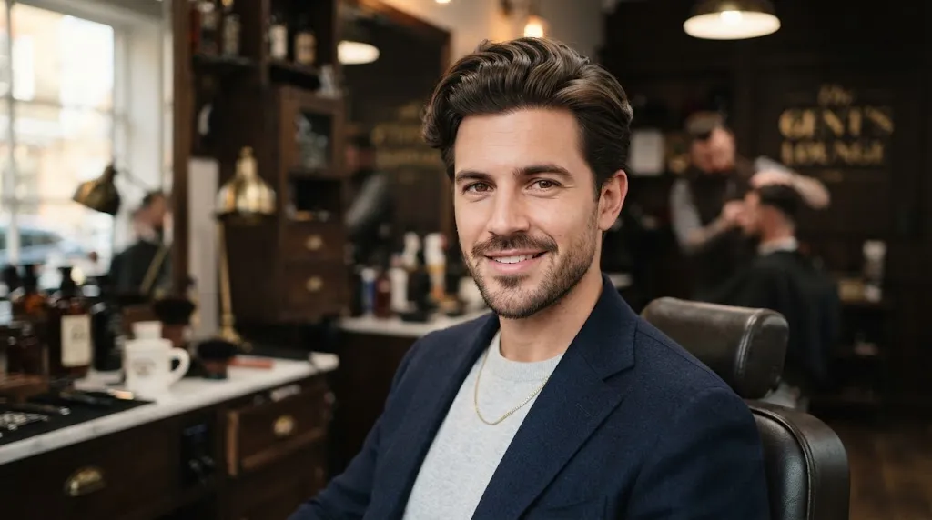 A stylish man with a classic side part hairstyle and balanced volume, perfect for men with a long face shape.