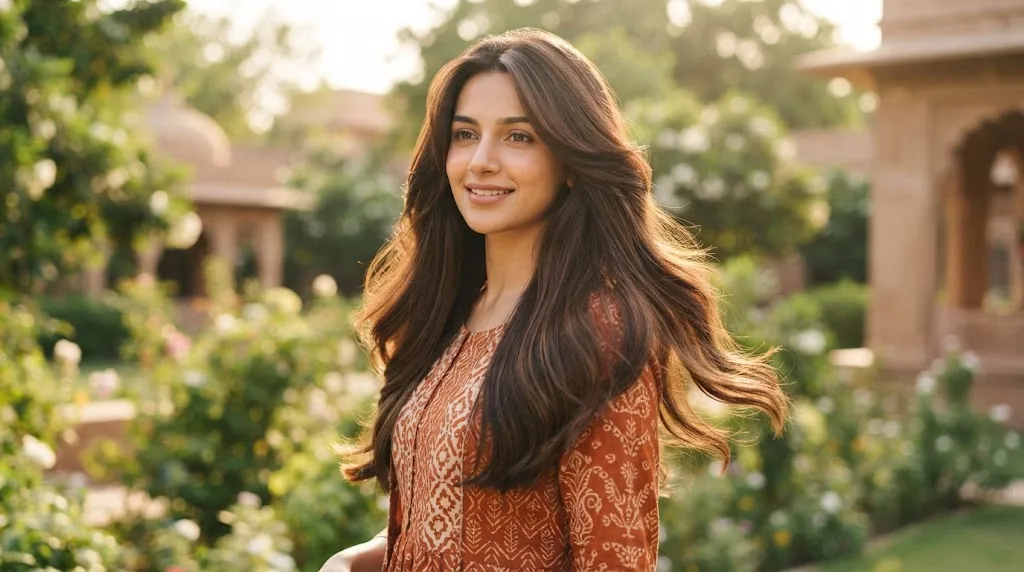 A beautiful Indian woman with long, healthy, silky dark hair styled in a natural flowing layered cut, smiling in a sunlit garden.
