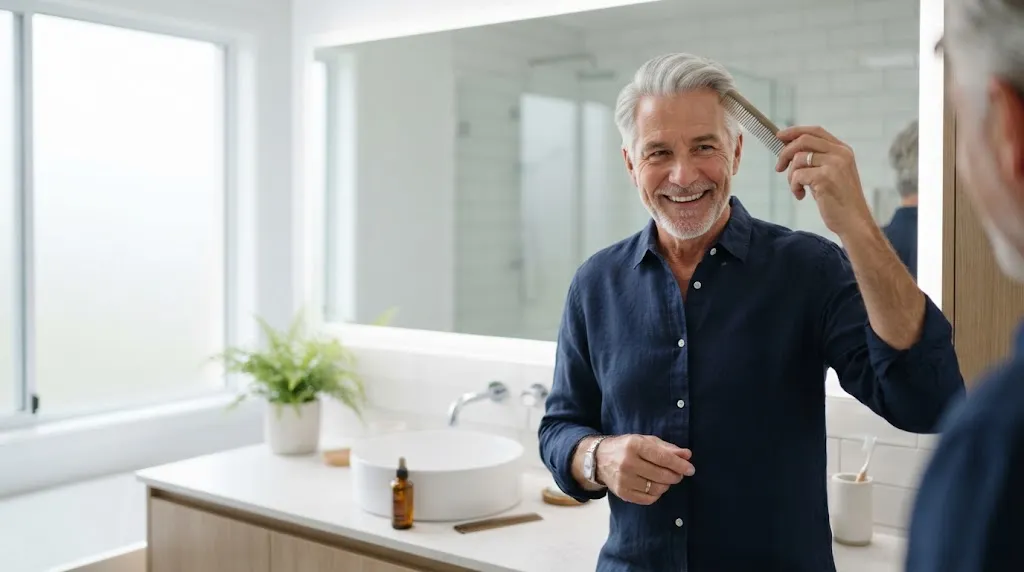 An older man with well-groomed silver hair smiling in a bright bathroom, representing simple hair maintenance for older men.