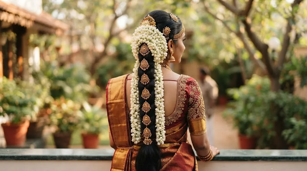 A long traditional South Indian decorated braid adorned with fresh flowers and gold ornaments for sarees and festive wear