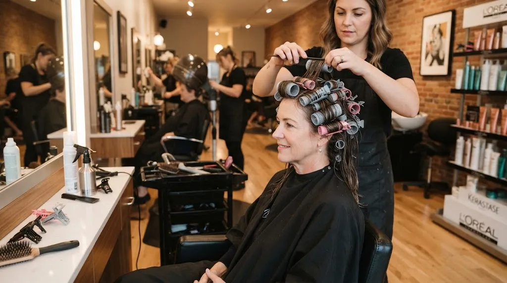 A professional hairstylist performing a step-by-step wet set using rollers on damp hair to create heat-free curls