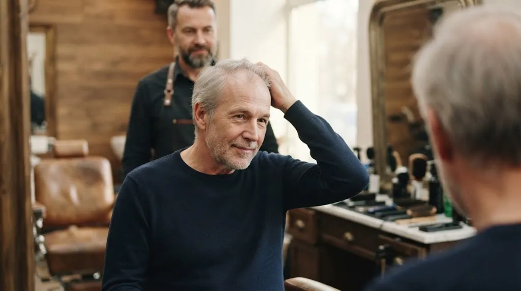 An older man looking in a mirror at a barbershop, reviewing a haircut style that can emphasize thin hair