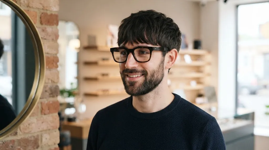 A man with a long face shape wearing fashionable, thick-framed square glasses and a textured fringe haircut in an optician's showroom, looking into a mirror.