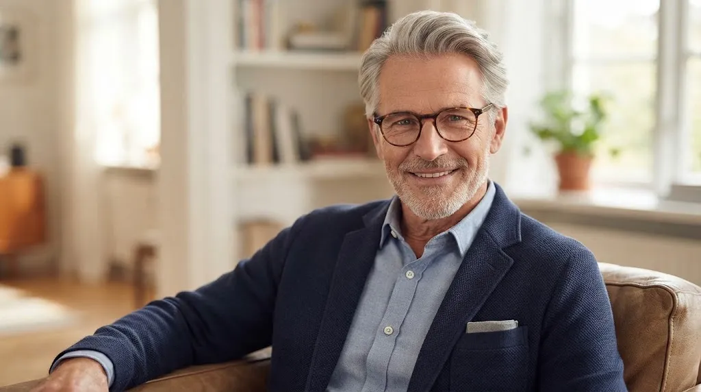 A distinguished older man over 70 with a neat, stylish grey hairstyle and glasses smiling while sitting in a living room.