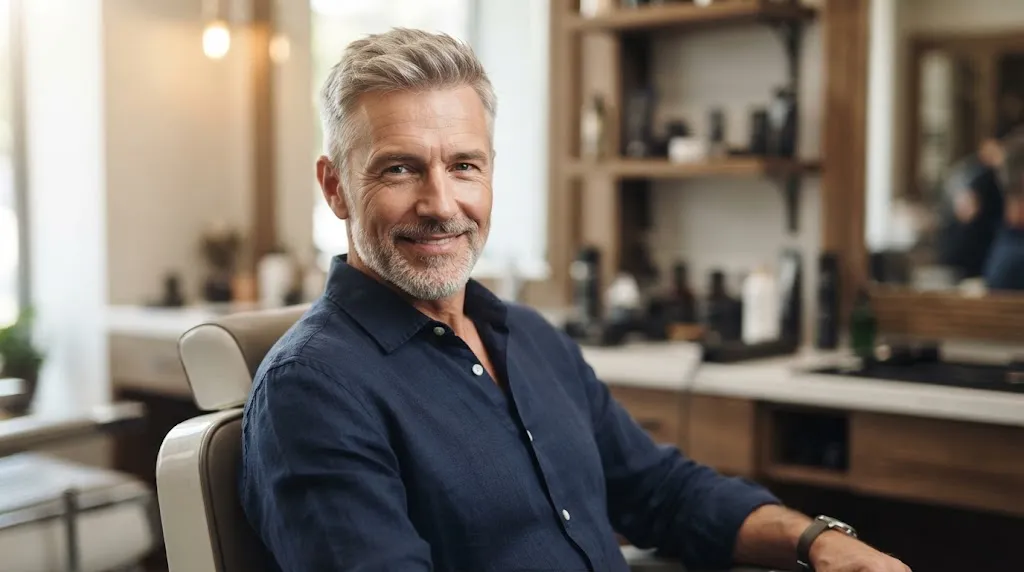 A smiling, distinguished older man with grey hair and an oval face shape seated in a barber chair.
