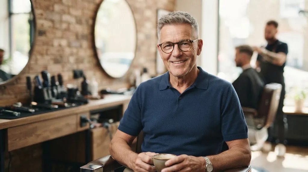 An older man with a modern, textured grey crop hairstyle and glasses smiling in a barber shop.