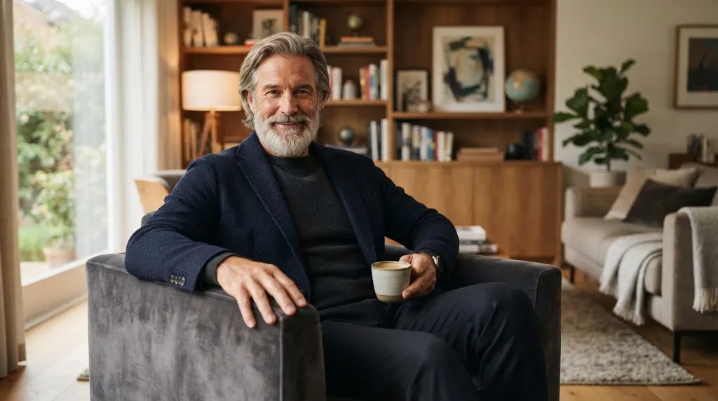 An older man with sophisticated, well-maintained medium-length grey hair and a confident look