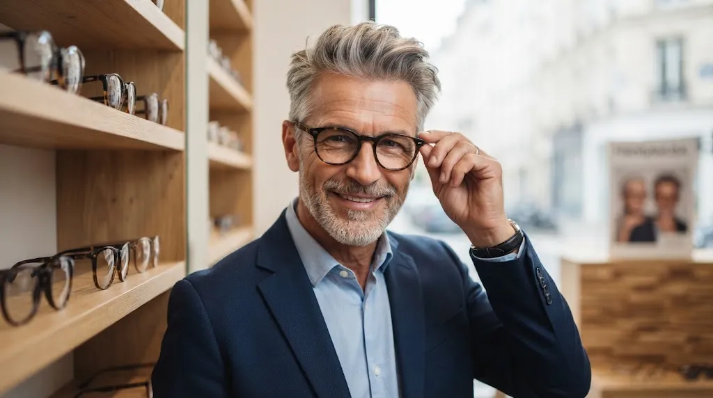 A fashionable older man with grey hair and a beard matching tortoiseshell glasses to his oval face shape in an optical store.