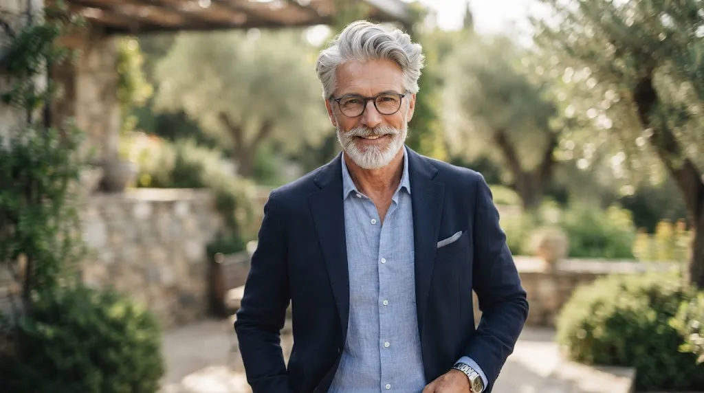 A portrait of a distinguished older man with a long face shape, smiling confidently in a garden wearing a navy blazer and glasses, illustrating a flattering hairstyle for this face type.