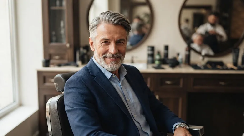 A smiling older gentleman with a neat, modern grey comb-over hairstyle sitting confidently in a leather barber chair within a professional barbershop setting.
