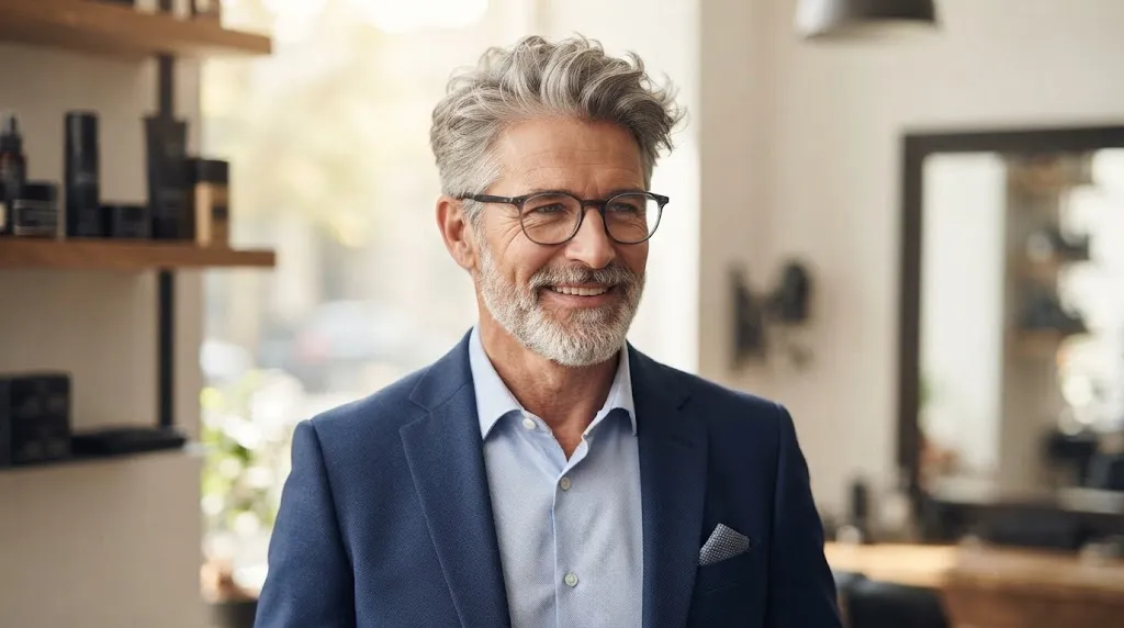 A confident older gentleman in a blue blazer and glasses, smiling and showcasing a modern, youthful grey haircut and groomed beard.