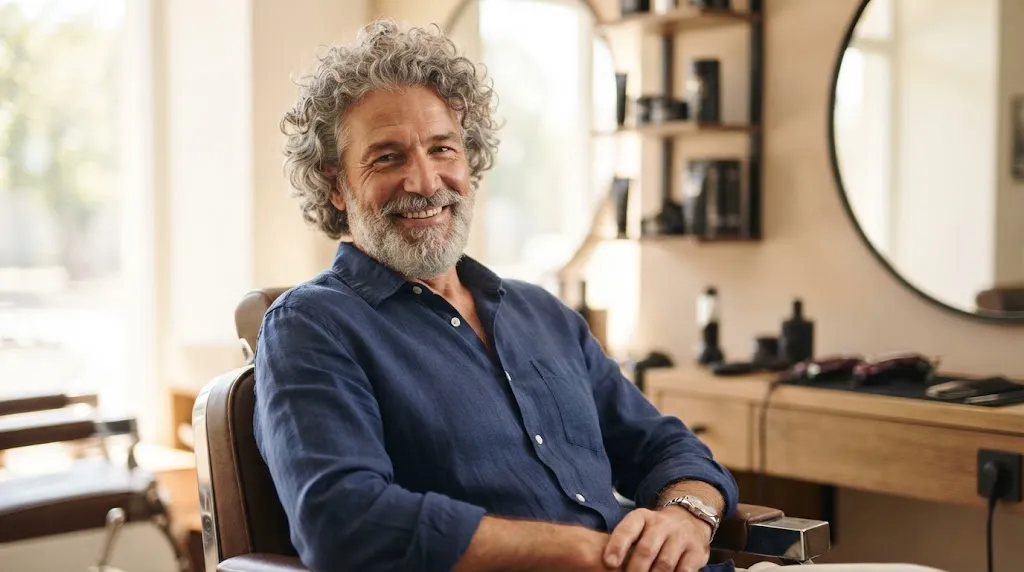 A smiling older man with voluminous, naturally curly salt-and-pepper grey hair sitting in a barber chair.