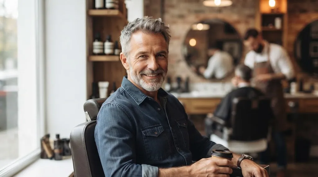 A confident older man with salt-and-pepper thinning hair smiling in a barbershop, showcasing a short, modern, textured hairstyle.