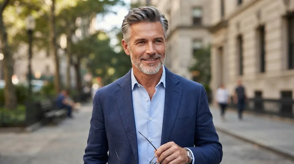 A confident older man with a neat, textured salt-and-pepper haircut and matching beard smiling outdoors in a city.