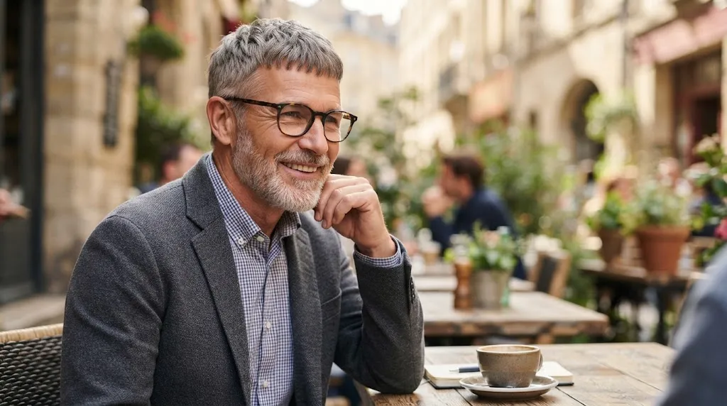 An older gentleman with a stylish short grey Caesar haircut and modern glasses smiling at an outdoor cafe.