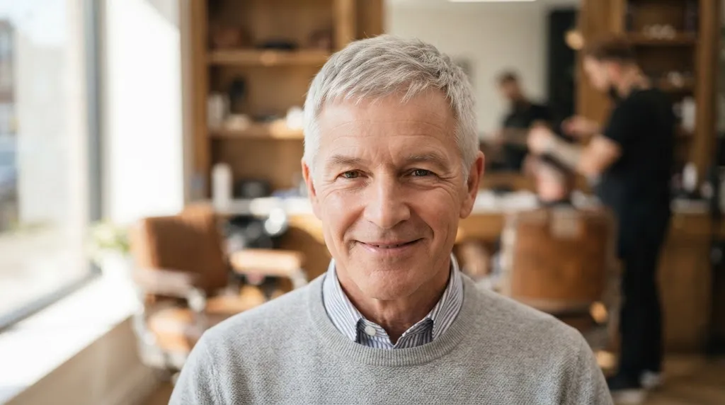 An older man with fine, silver-grey hair smiling in a barbershop, styled in a modern, short, textured crop.