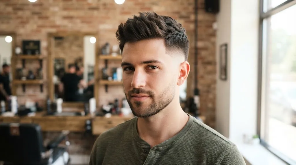 A man with a sharp, textured soft mohawk fade haircut and a well-groomed beard in a barbershop setting, suitable for an oblong face shape.