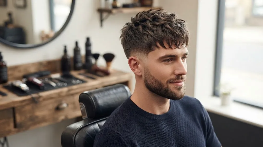 A detailed side profile of a man in a barbershop chair showing a modern textured crop drop haircut with a fade.