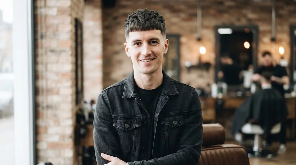 A confident young man with a long, oblong face shape smiling in a barbershop, wearing a black denim jacket and sporting a modern, textured French crop haircut with a fringe that balances his features.