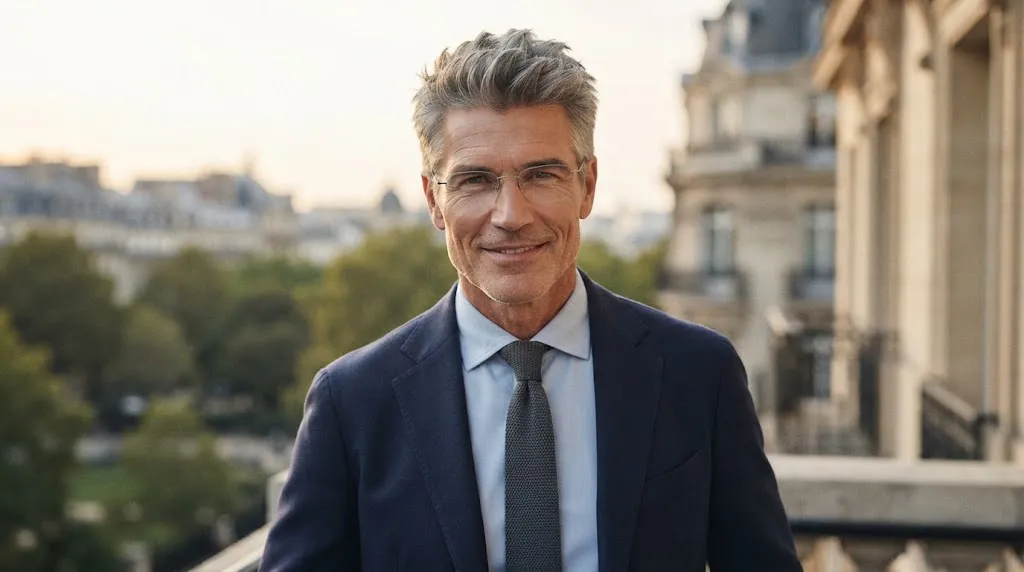 An older man with a confident smile and a square face shape, featuring a stylish, textured salt-and-pepper haircut while standing on a balcony.