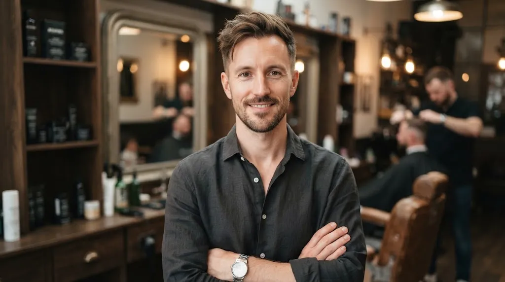 A stylish man with a long face shape wearing a textured forward fringe haircut that conceals a thinning hairline in a modern barbershop setting