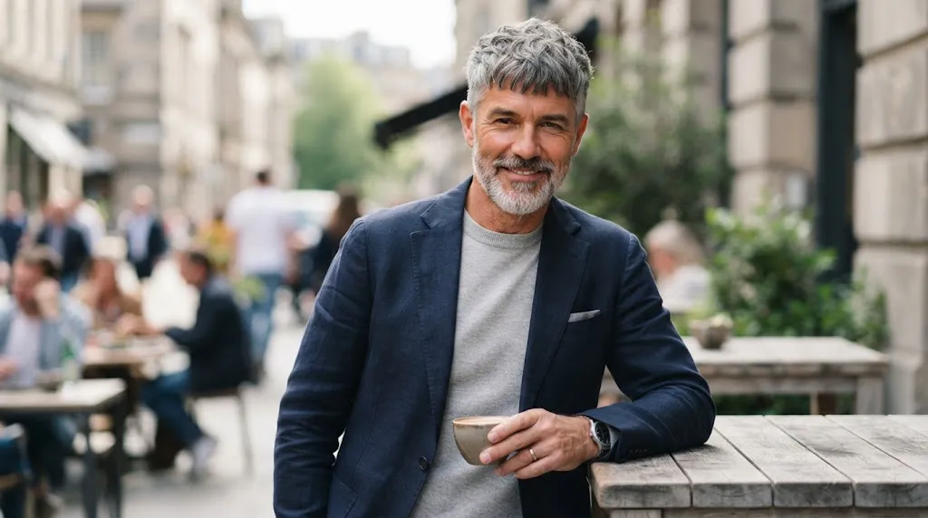 Stylish older man showcasing a modern textured fringe haircut with natural movement and volume