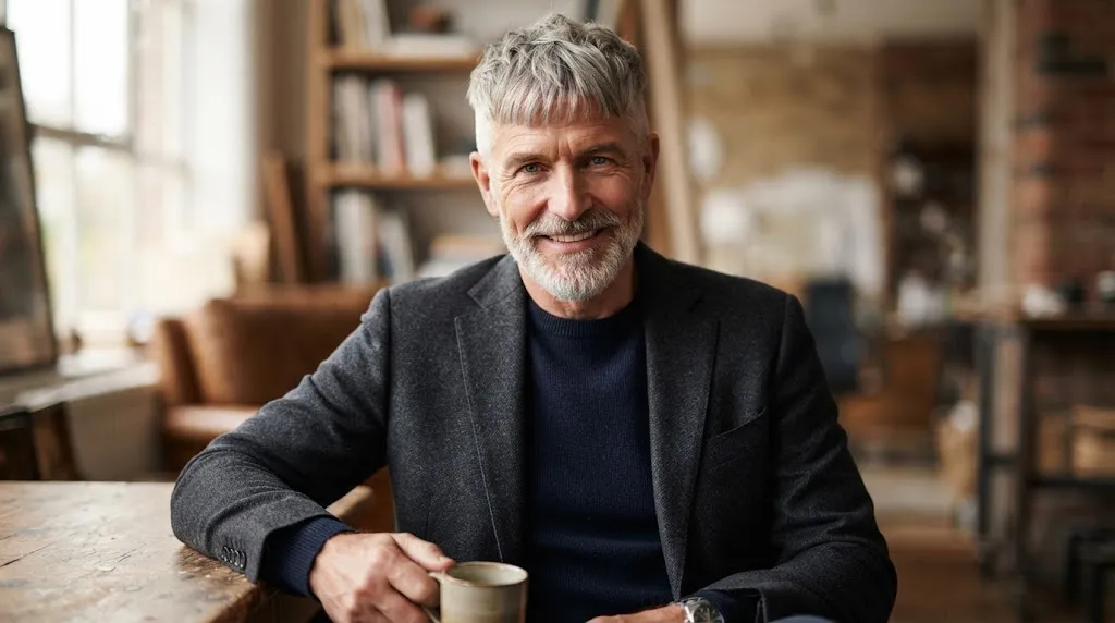 Modern textured fringe haircut on an older man with silver hair, showing a stylish and youthful look