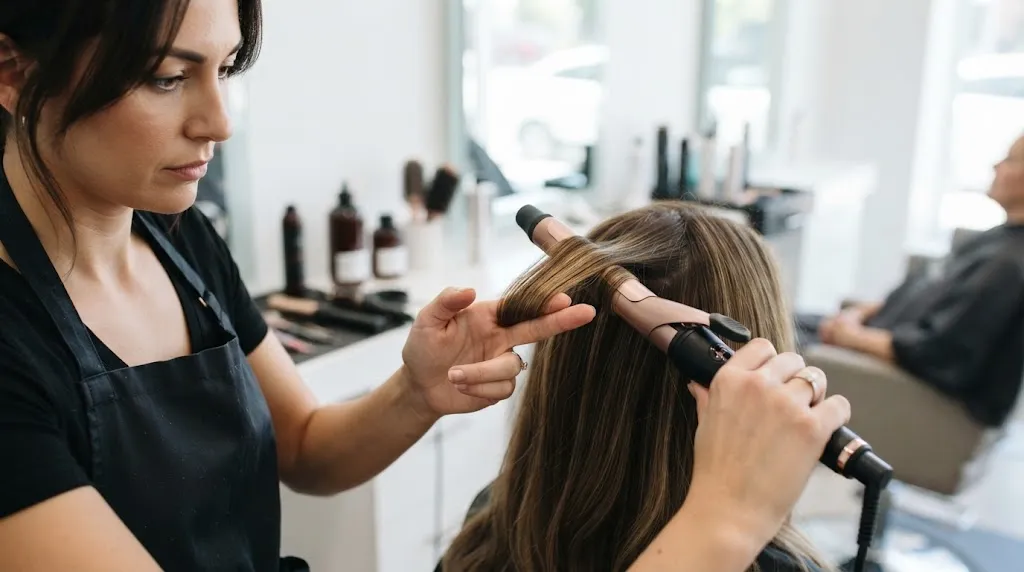 Professional hairstylist demonstrating the 3-hair rule technique by measuring a precise one-inch section of hair across three fingers before curling.