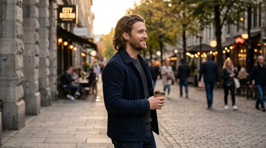 A handsome man with medium-length wavy brown hair styled in a natural back-swept Bro Flow haircut.