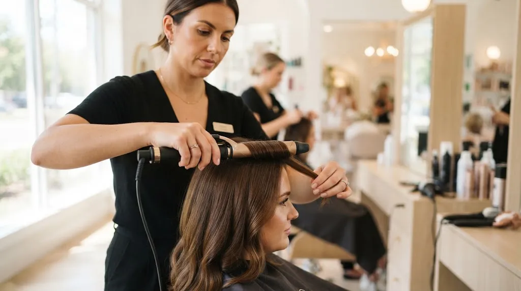 Professional hairstylist using a curling iron and pinning hair to execute the curl and set combo technique for lasting volume.