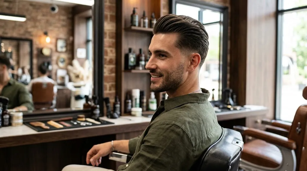 Man showcasing a medium length textured slicked back taper haircut with clean tapered sides in a modern barbershop setting