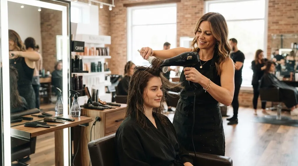A professional hairstylist shaping and styling damp hair with a blow dryer and brush to explain what setting hair means.